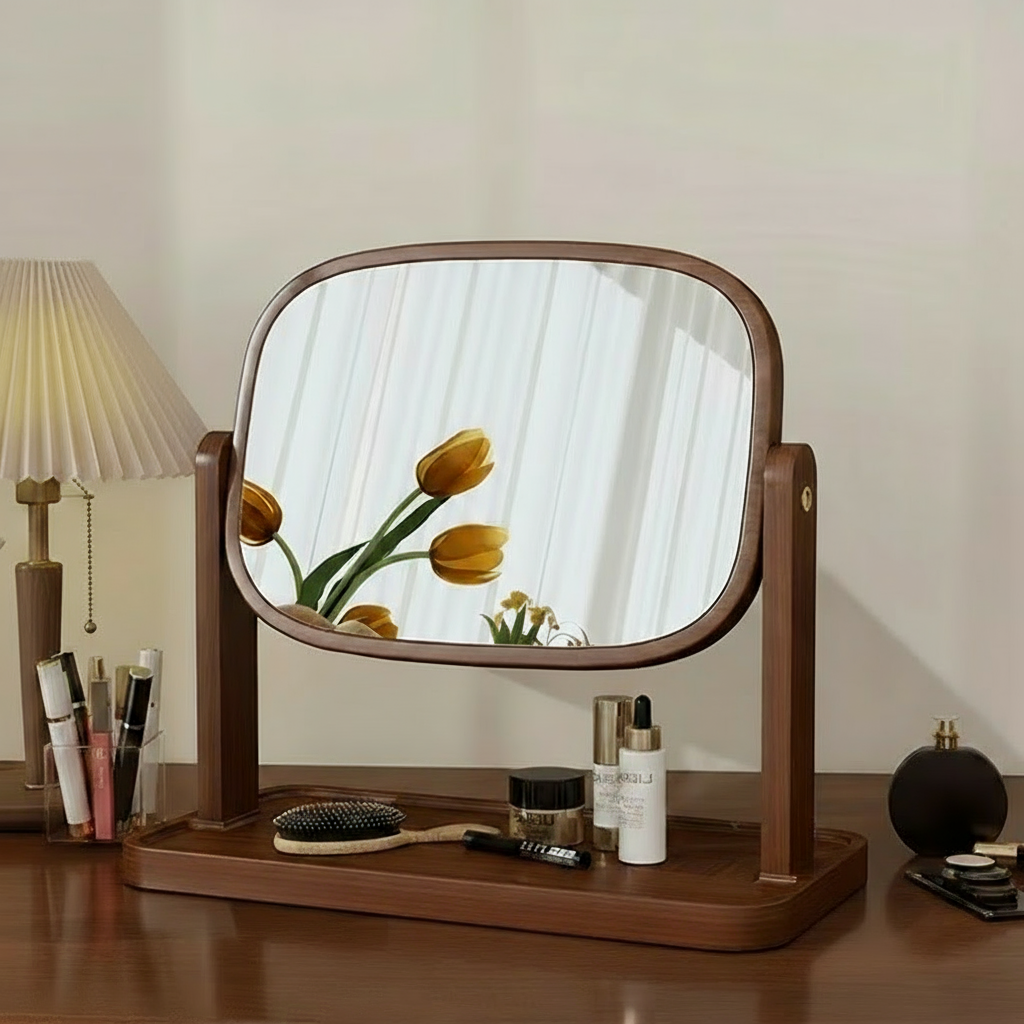 Miroir de table en hêtre massif – rotation 360° et base de rangement