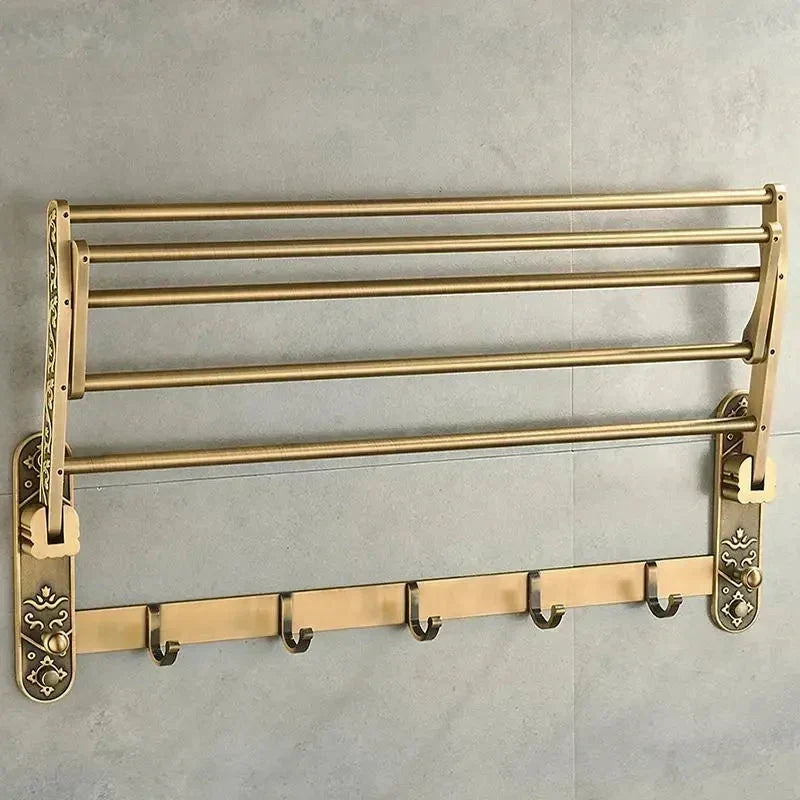 Porte-serviettes de bain pliable en laiton antique avec double étagère et crochets