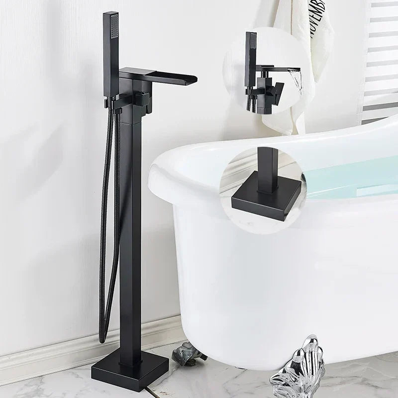 Robinet de baignoire îlot en laiton avec cascade et douchette à deux fonctions