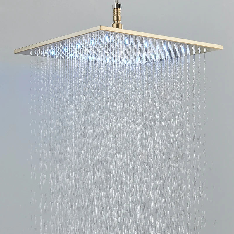 Pommeau de douche carré de 16 pouces en acier inoxydable avec éclairage LED pluie multicolore