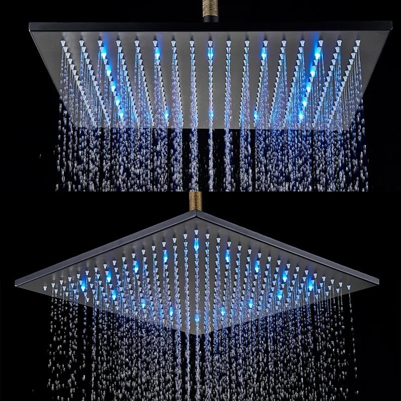 Pommeau de douche carré de 16 pouces en acier inoxydable avec éclairage LED pluie multicolore