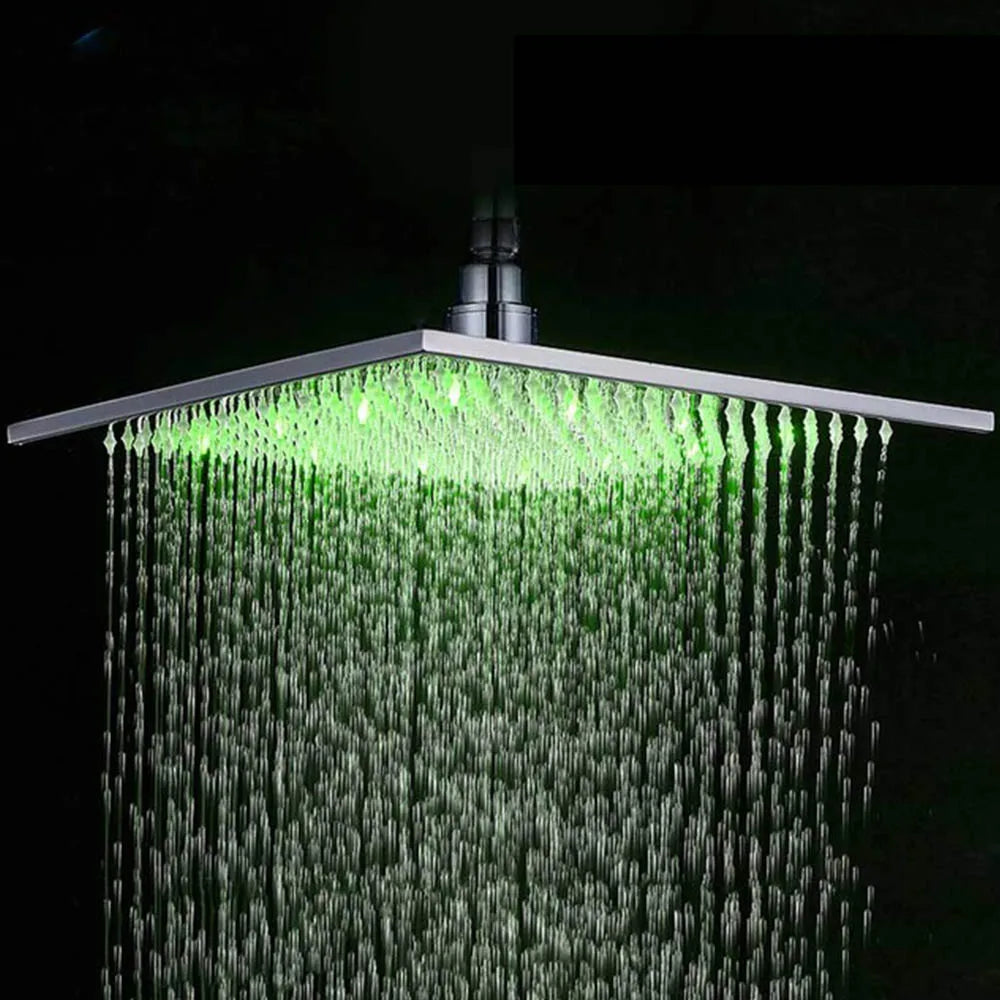 Pommeau de douche carré de 16 pouces en acier inoxydable avec éclairage LED pluie multicolore