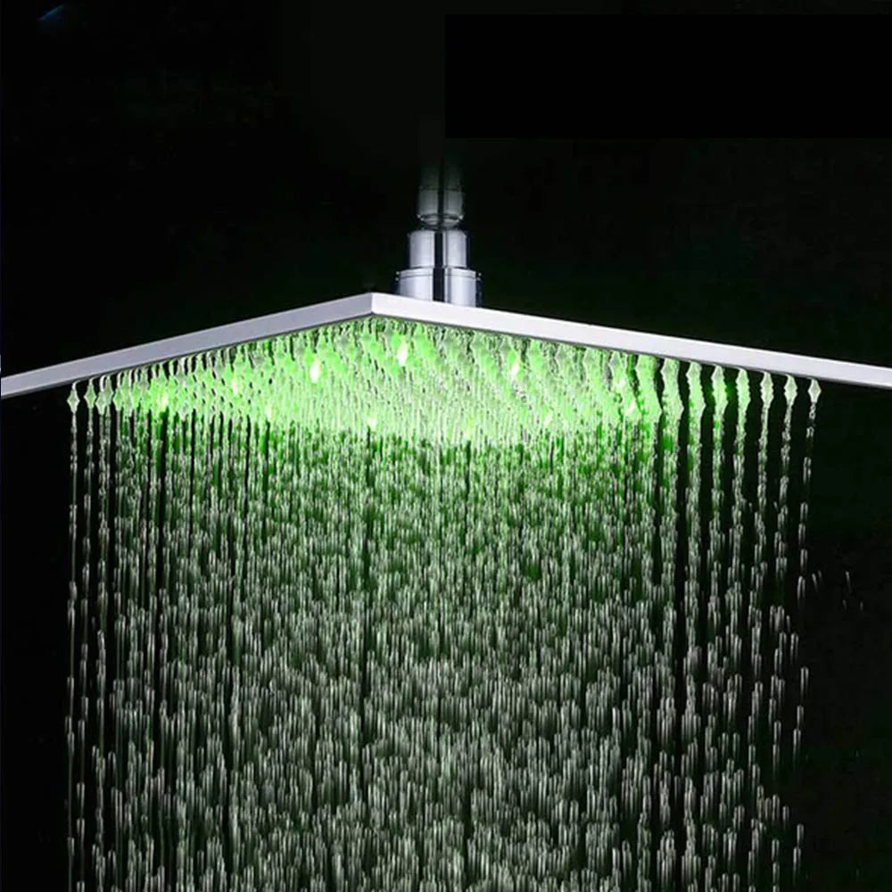 Pommeau de douche carré de 16 pouces en acier inoxydable avec éclairage LED pluie multicolore
