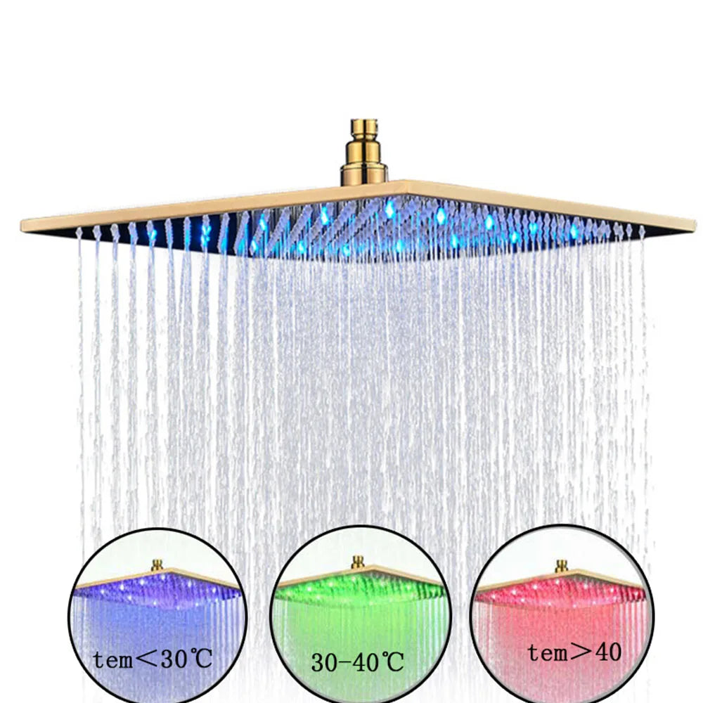 Pommeau de douche carré de 16 pouces en acier inoxydable avec éclairage LED pluie multicolore