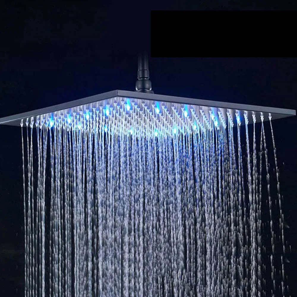 Pommeau de douche carré de 16 pouces en acier inoxydable avec éclairage LED pluie multicolore