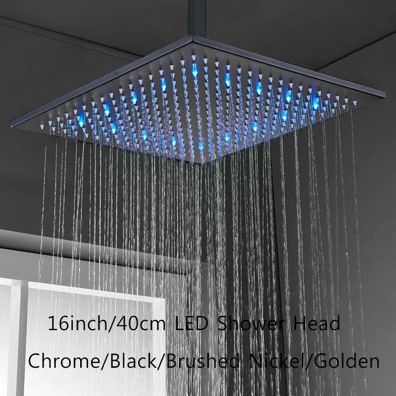 Pommeau de douche carré de 16 pouces en acier inoxydable avec éclairage LED pluie multicolore