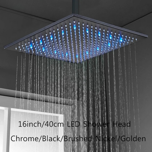 Pommeau de douche carré de 16 pouces en acier inoxydable avec éclairage LED pluie multicolore