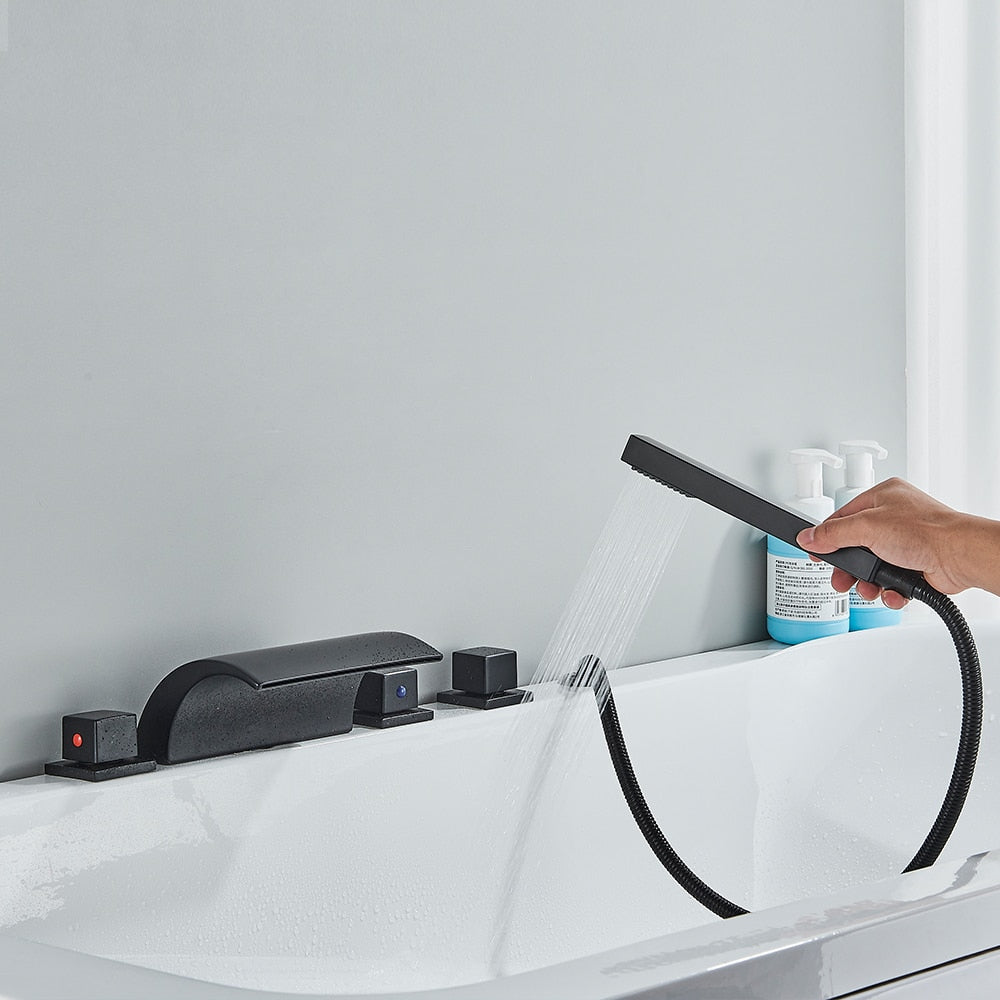 Ensemble de robinet de baignoire et lavabo à entraxe large, 5 pièces, avec mitigeur à effet cascade et douchette