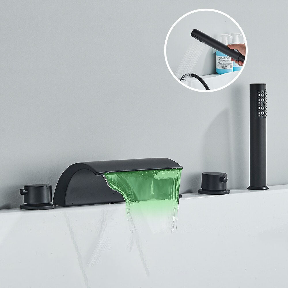 Ensemble de robinet de baignoire et lavabo à entraxe large, 5 pièces, avec mitigeur à effet cascade et douchette