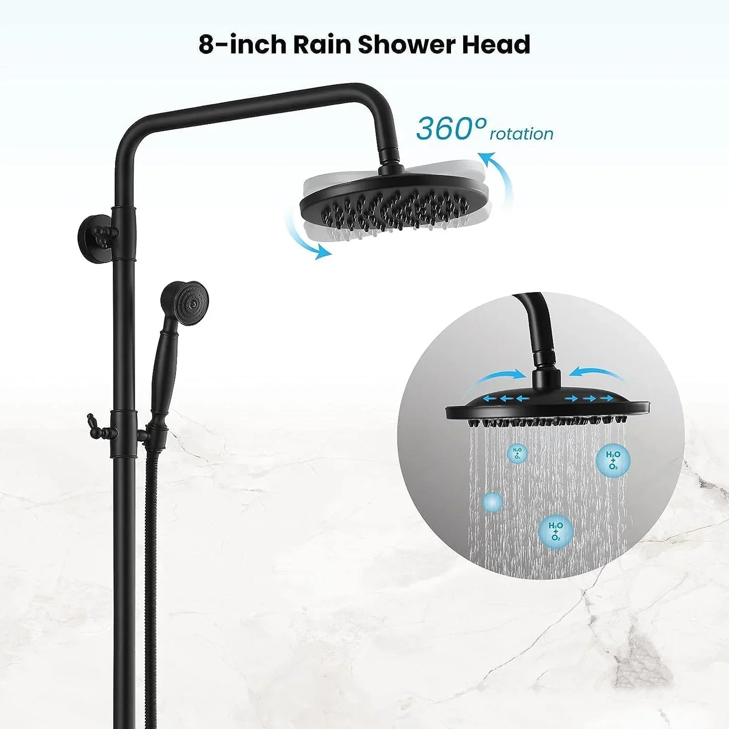 Ensemble de douche pluie en laiton de 8 pouces, 3 fonctions, mural, avec douchette