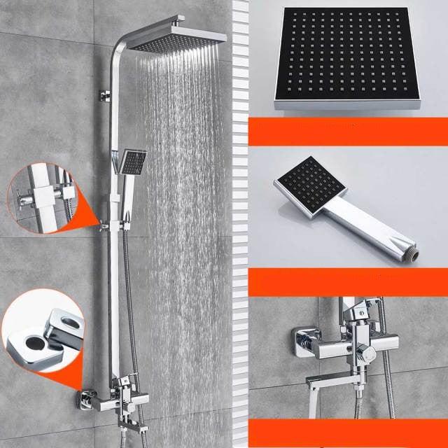 Pommeau de douche mural chromé à effet pluie de 8 pouces avec mitigeur et douchette