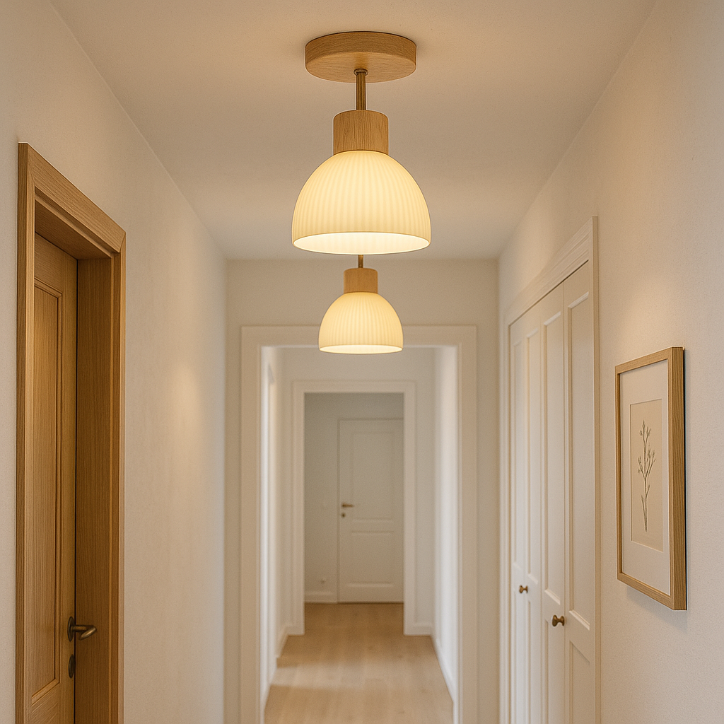 Plafonnier Contemporain En Bois Et Verre Pour Lumière Douce
