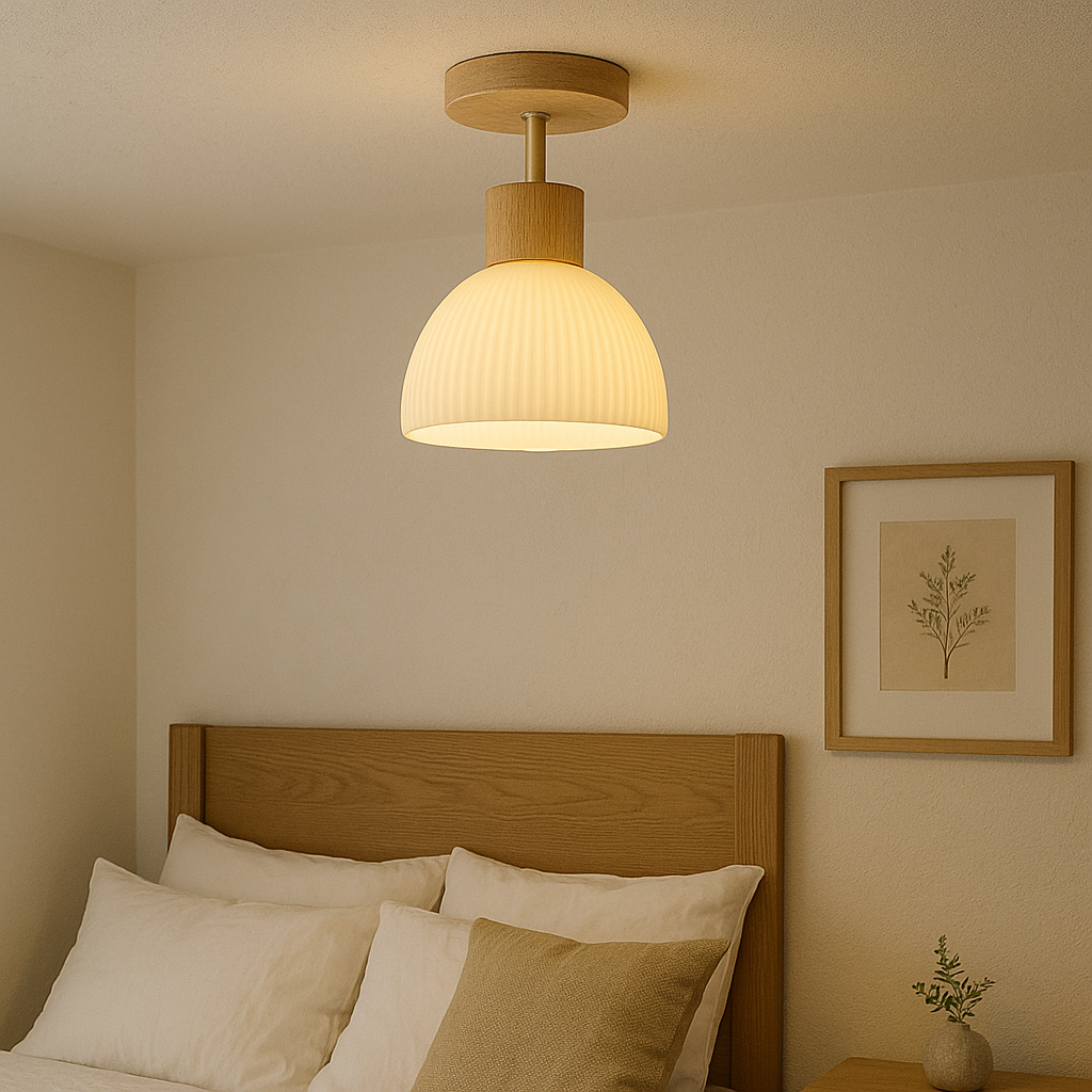 Plafonnier Contemporain En Bois Et Verre Pour Lumière Douce