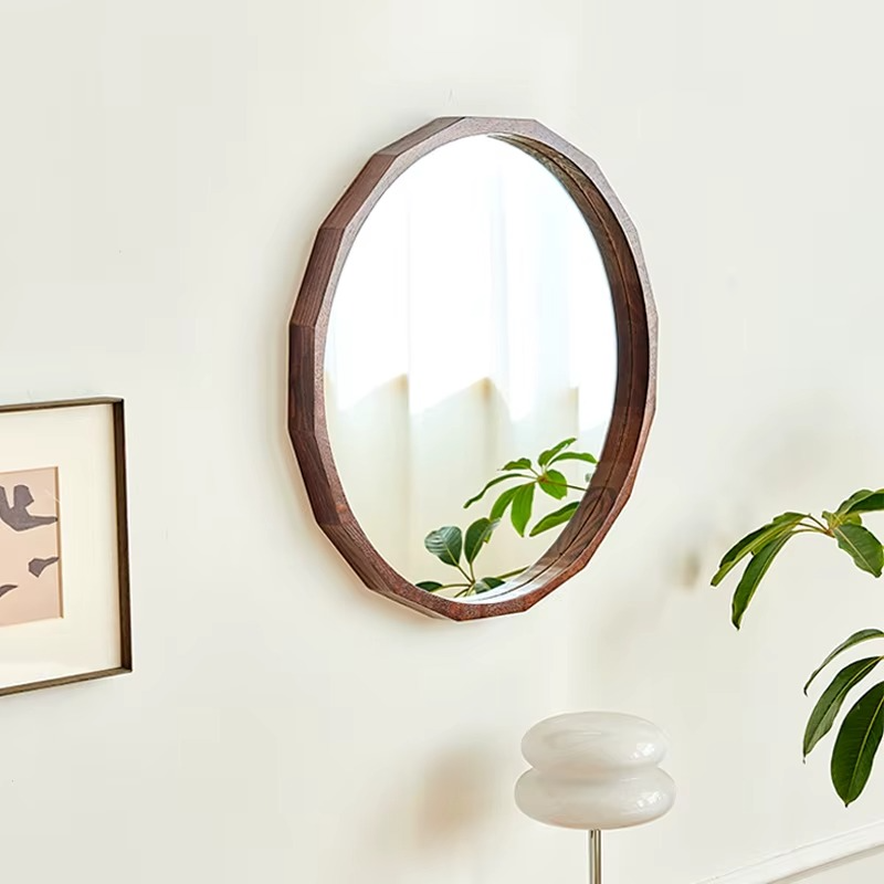 Grand miroir rond en chêne massif