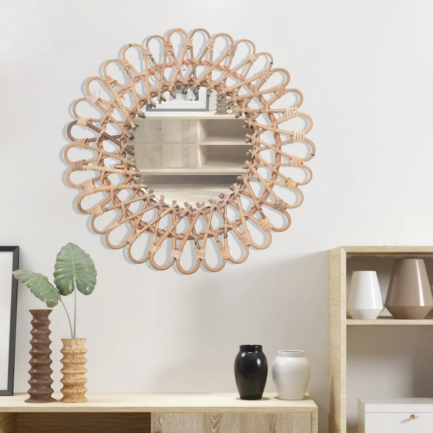 Miroir mural rond en rotin