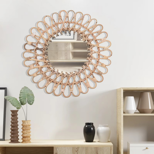 Miroir mural rond en rotin