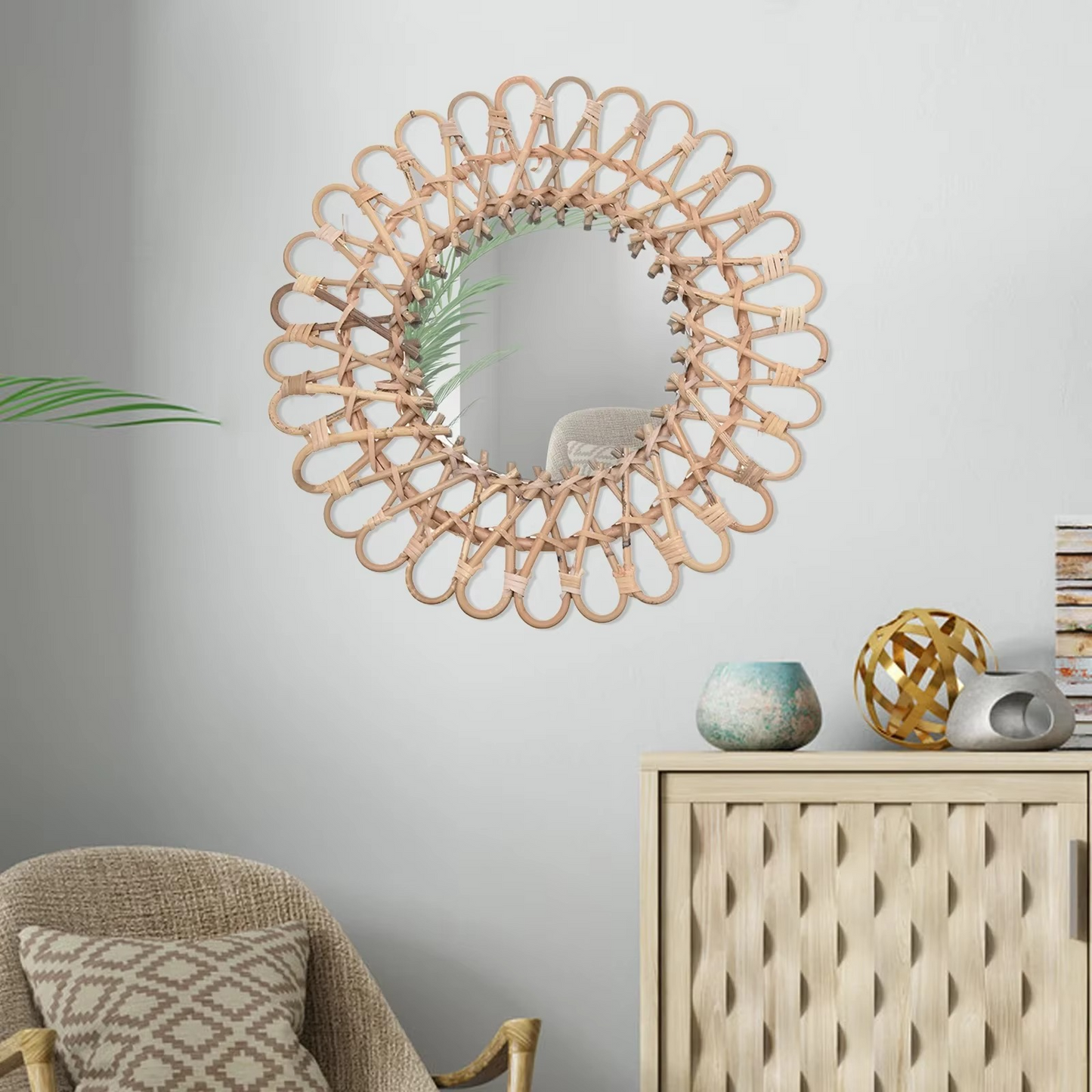 Miroir mural rond en rotin
