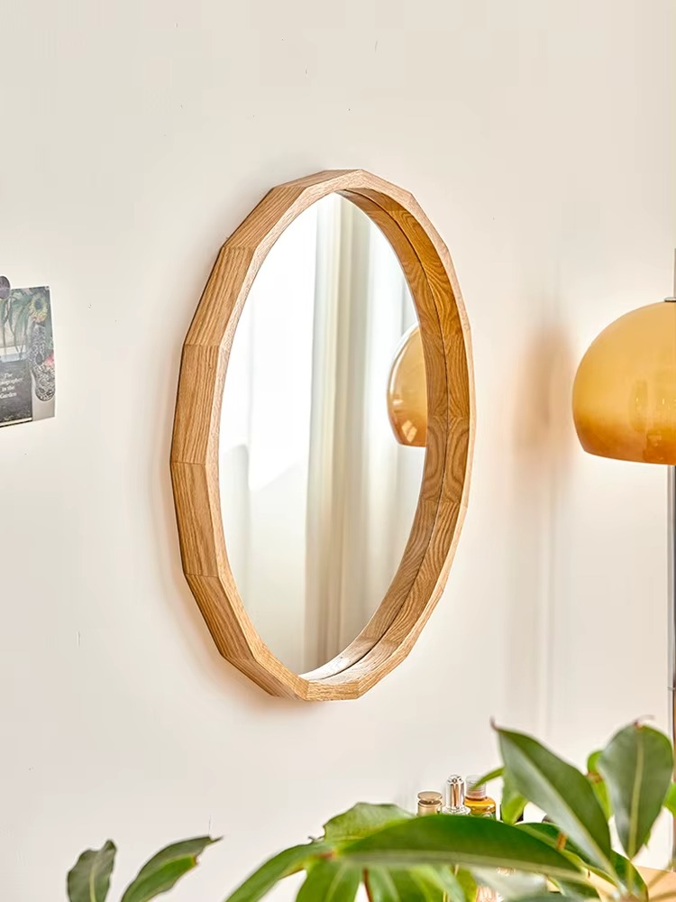 Grand miroir rond en chêne massif