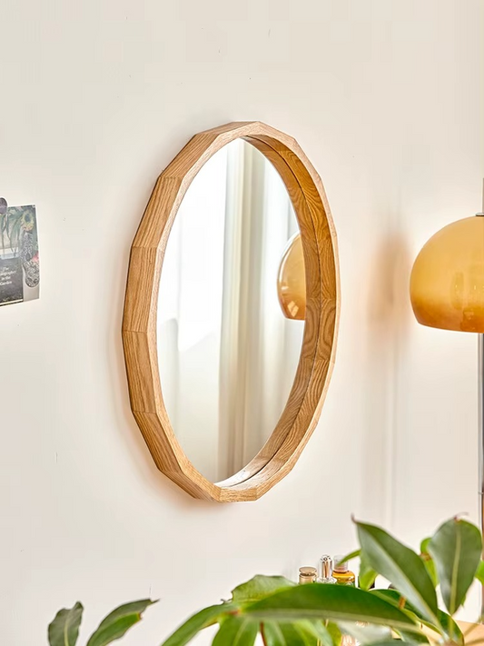 Grand miroir rond en chêne massif