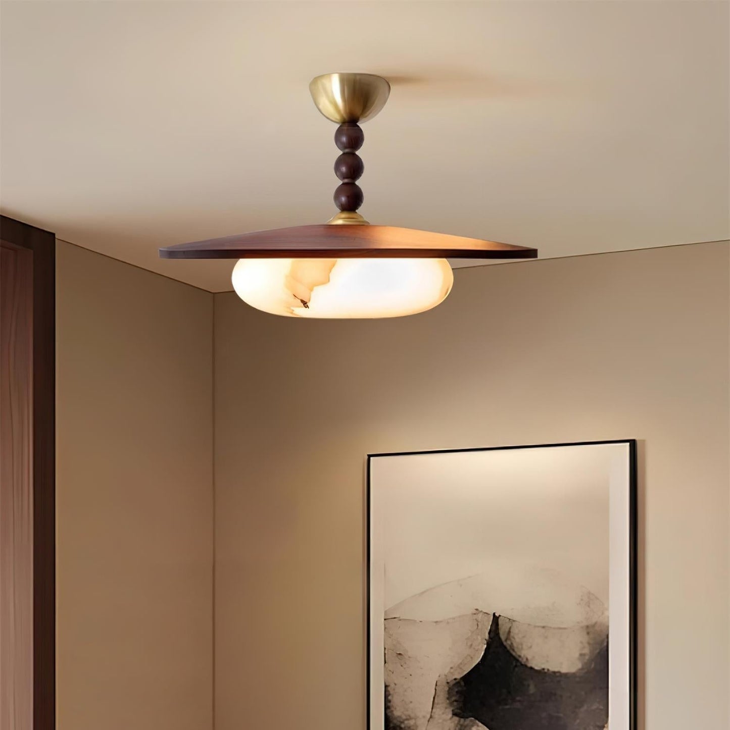 Yeste Plafonnier couleur noyer et imitation albâtre blanche - Neutralighting