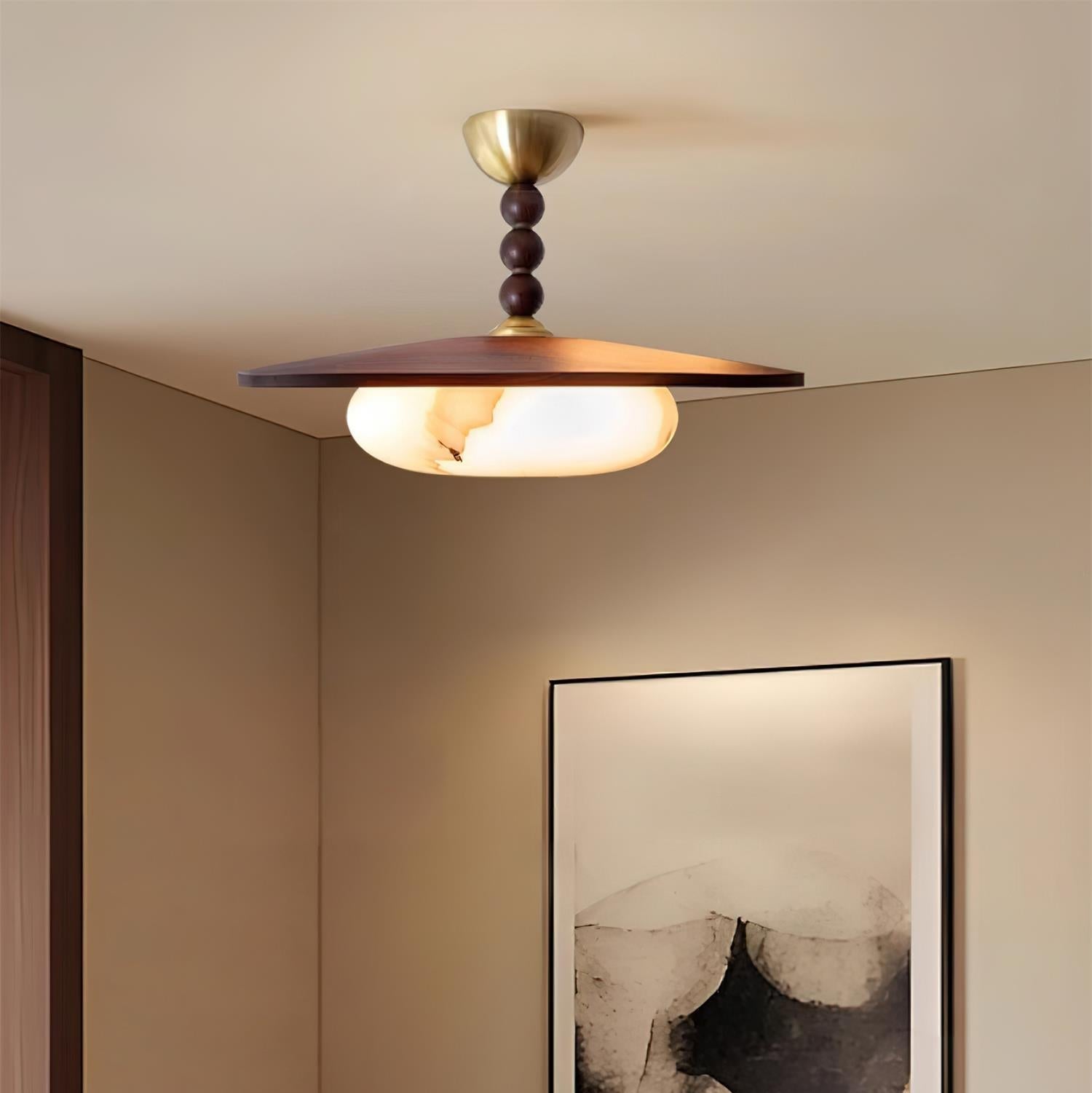 Yeste Plafonnier couleur noyer et imitation albâtre blanche - Neutralighting