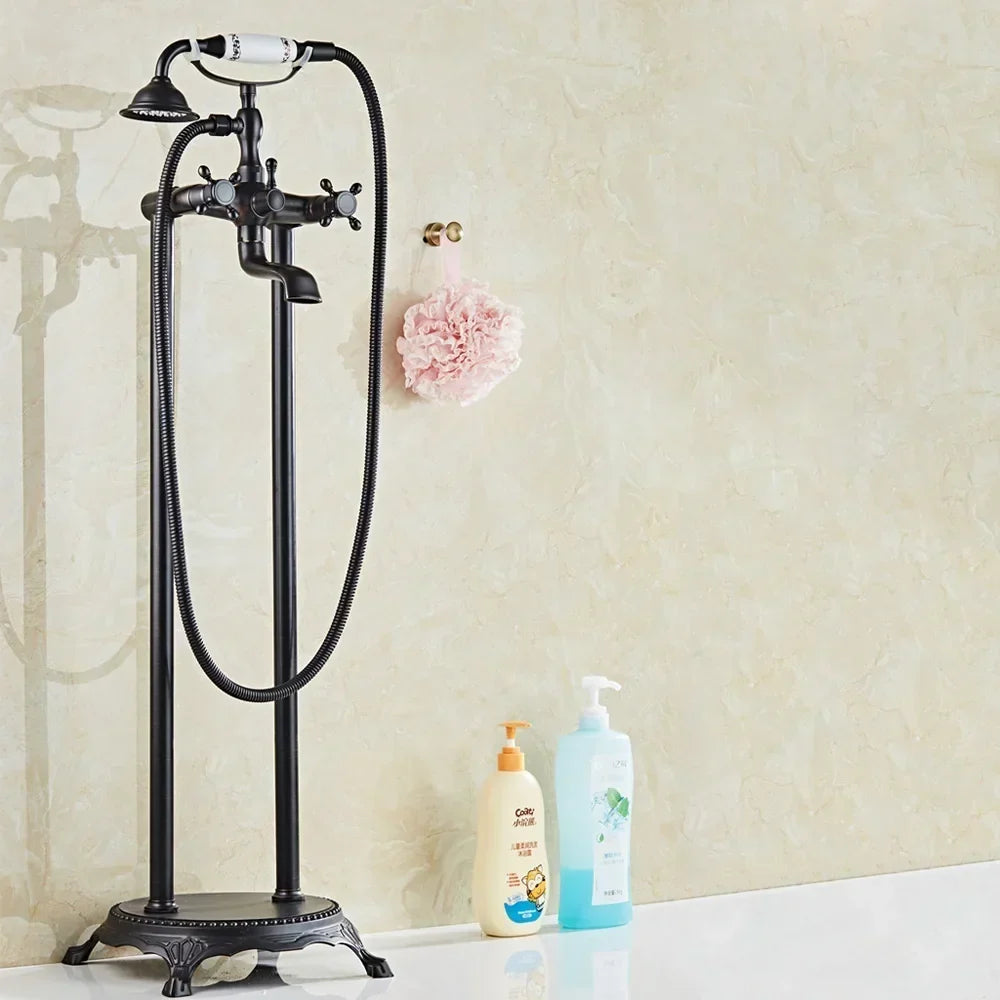 Robinet de baignoire autoportant en laiton antique avec ensemble mitigeur et douchette