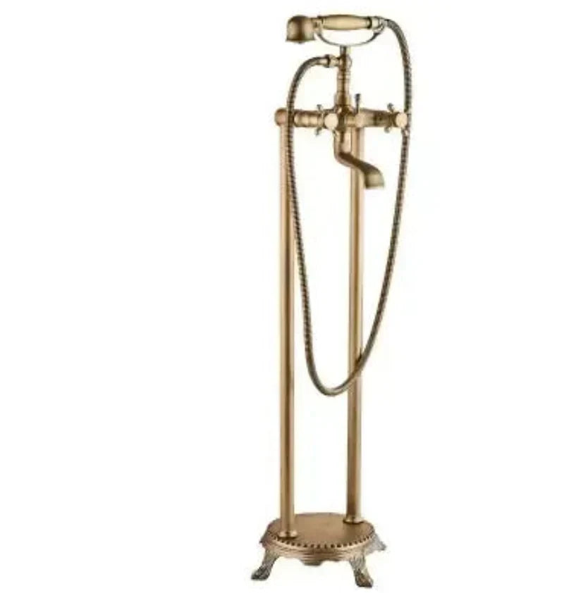 Robinet de baignoire autoportant en laiton antique avec ensemble mitigeur et douchette
