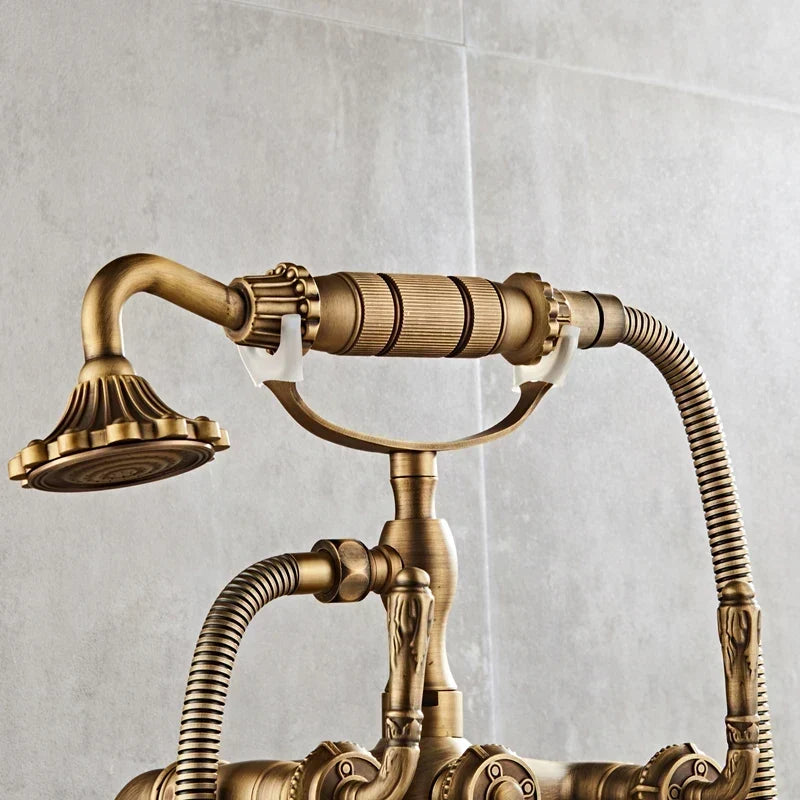 Robinet de baignoire autoportant en laiton antique avec ensemble mitigeur et douchette