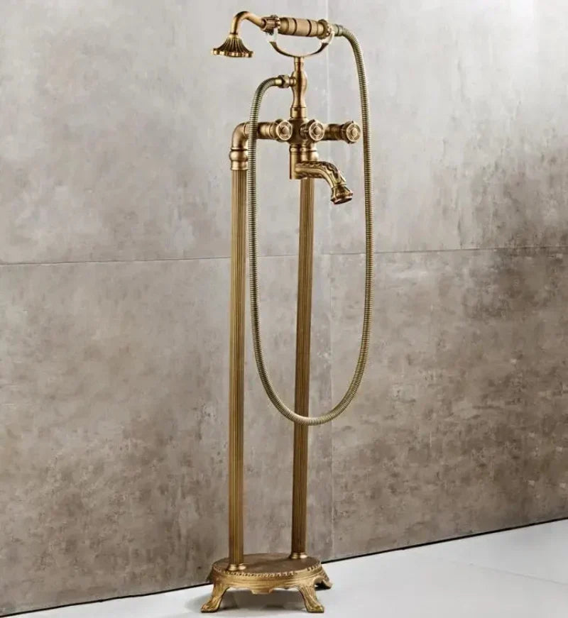 Robinet de baignoire autoportant en laiton antique avec ensemble mitigeur et douchette