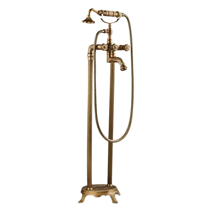 Robinet de baignoire autoportant en laiton antique avec ensemble mitigeur et douchette