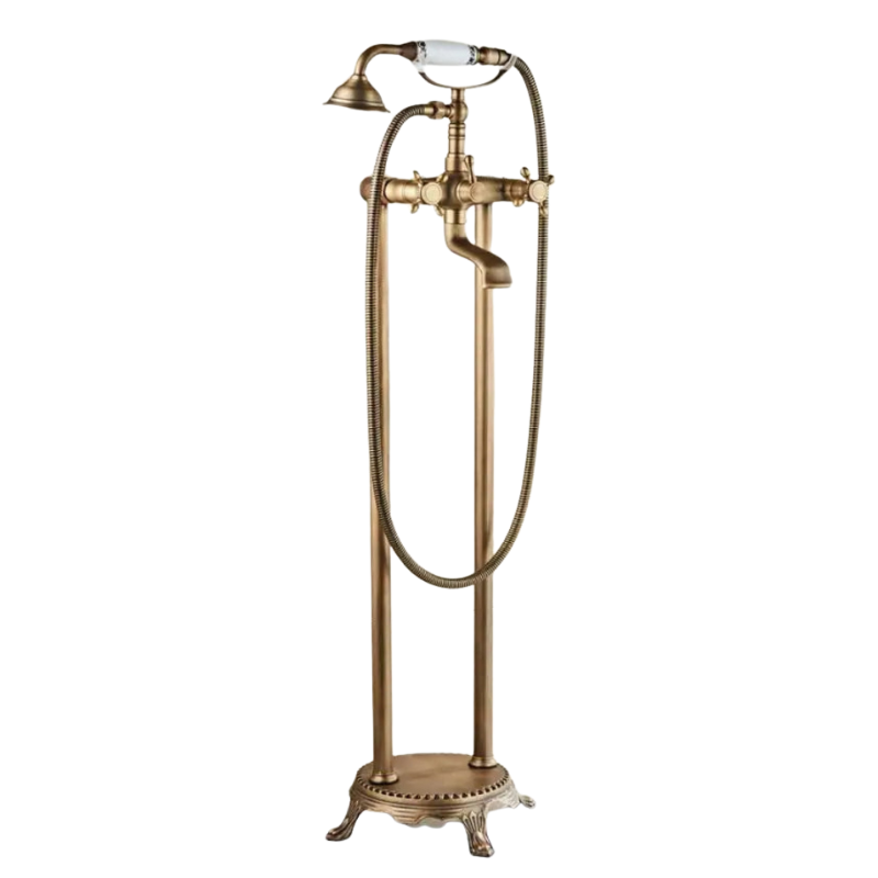 Robinet de baignoire autoportant en laiton antique avec ensemble mitigeur et douchette