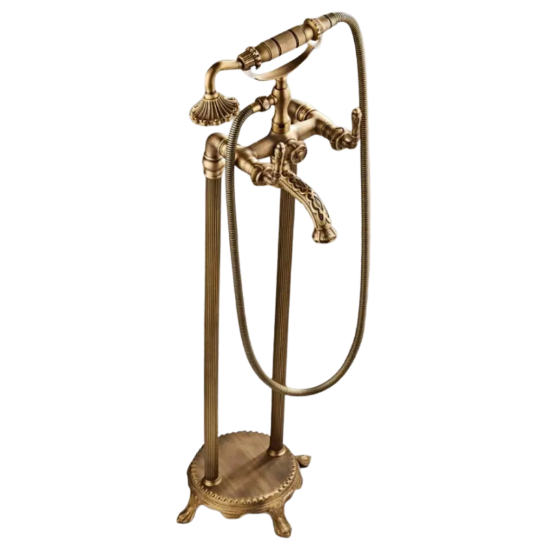 Robinet de baignoire autoportant en laiton antique avec ensemble mitigeur et douchette
