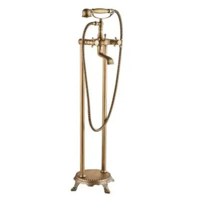 Robinet de baignoire autoportant en laiton antique avec ensemble mitigeur et douchette