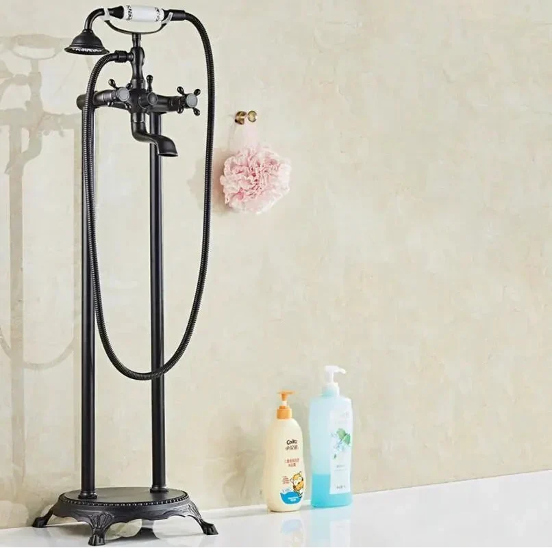 Robinet de baignoire autoportant en laiton antique avec ensemble mitigeur et douchette