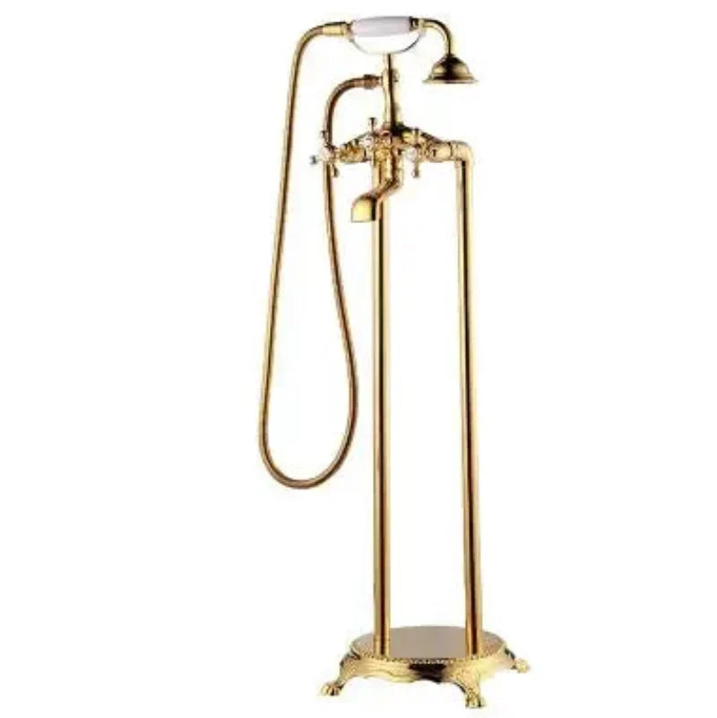 Robinet de baignoire autoportant en laiton antique avec ensemble mitigeur et douchette