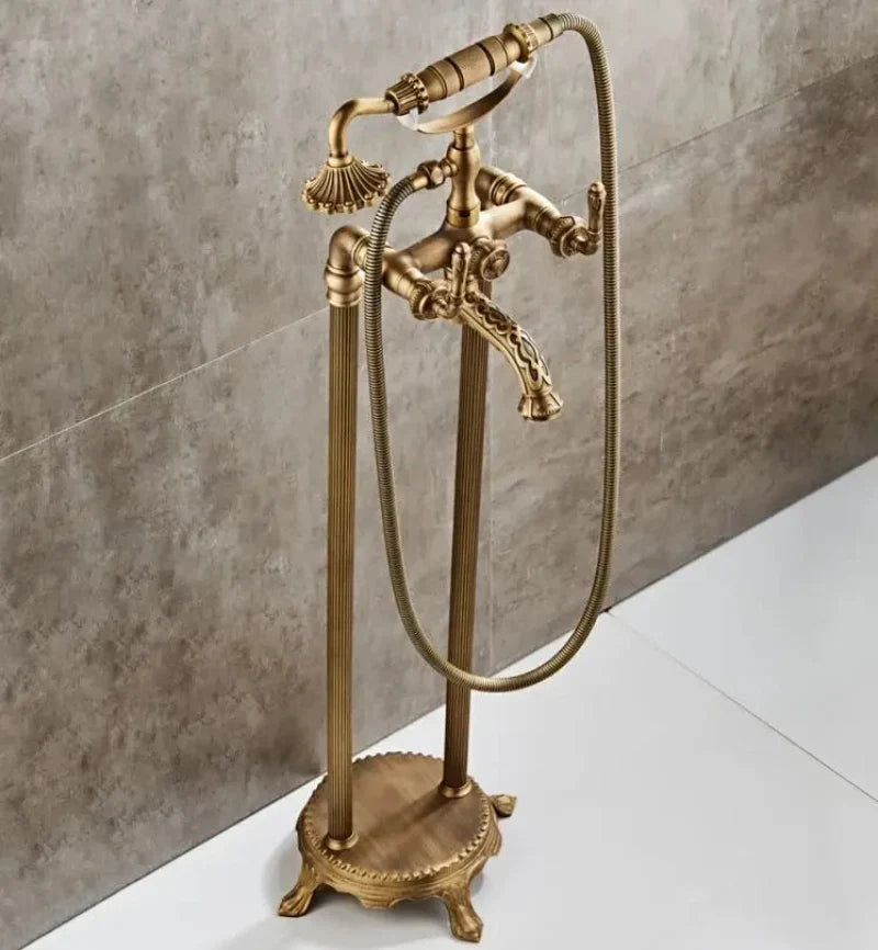 Robinet de baignoire autoportant en laiton antique avec ensemble mitigeur et douchette