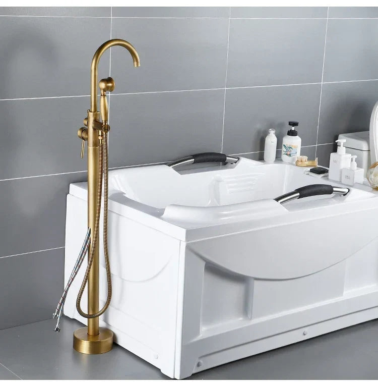 Robinet de remplissage de baignoire sur pied en laiton antique avec douchette