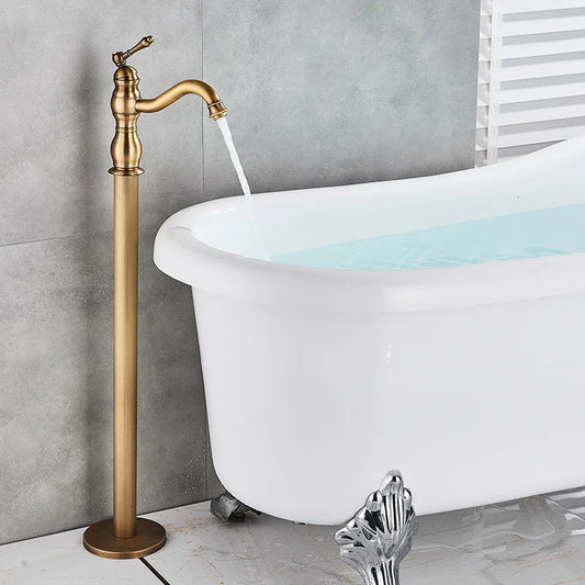 Robinet de douche de baignoire sur pied en laiton antique, à poignée unique