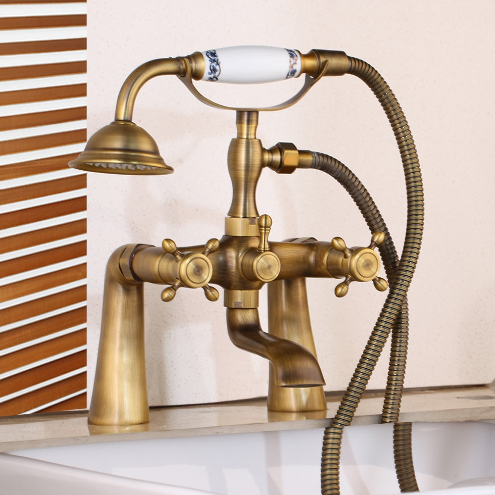 Ensemble de robinet de douche pour baignoire en laiton antique avec mitigeur à deux poignées