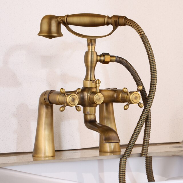 Ensemble de robinet de douche pour baignoire en laiton antique avec mitigeur à deux poignées