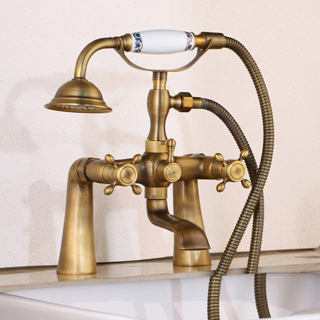 Ensemble de robinet de douche pour baignoire en laiton antique avec mitigeur à deux poignées