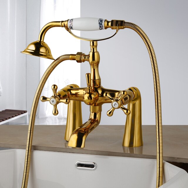 Ensemble de robinet de douche pour baignoire en laiton antique avec mitigeur à deux poignées