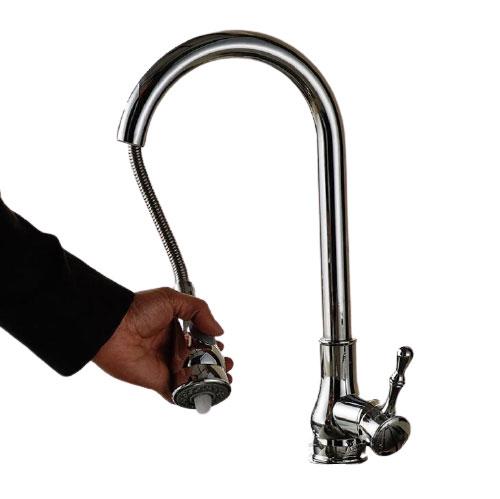 Robinet de cuisine en laiton avec douchette extractible, bec pivotant à 360 degrés et finition polie