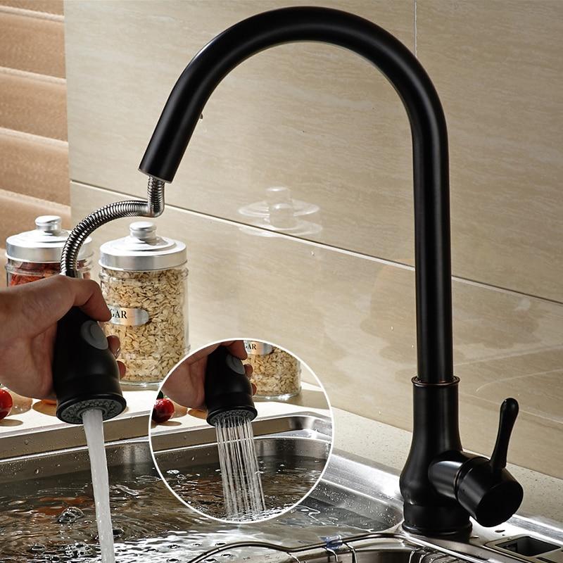 Robinet de cuisine en laiton avec douchette extractible, bec pivotant à 360 degrés et finition polie