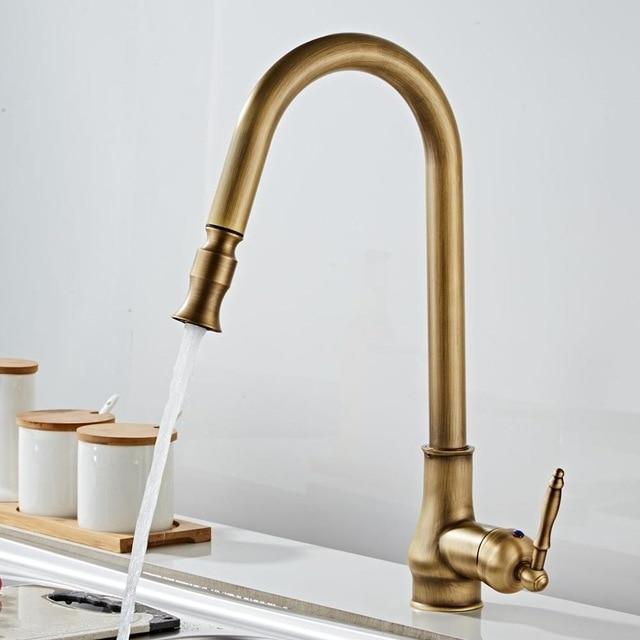 Robinet de cuisine en laiton avec douchette extractible, bec pivotant à 360 degrés et finition polie