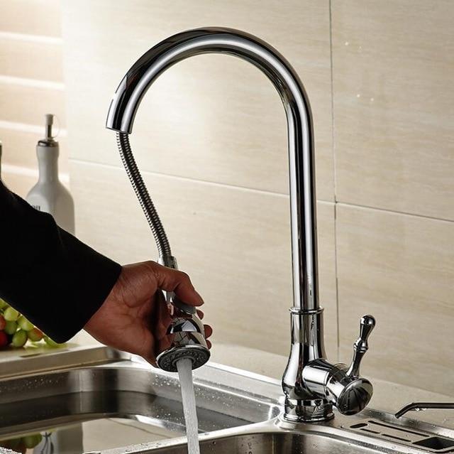 Robinet de cuisine en laiton avec douchette extractible, bec pivotant à 360 degrés et finition polie