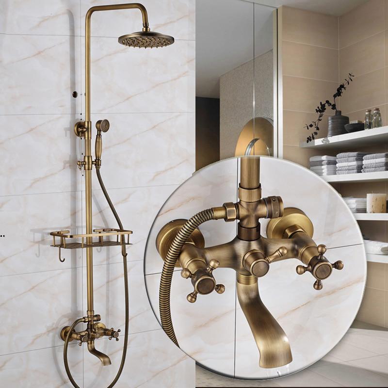 Ensemble de douche et de robinet de baignoire mural en laiton antique avec barre coulissante