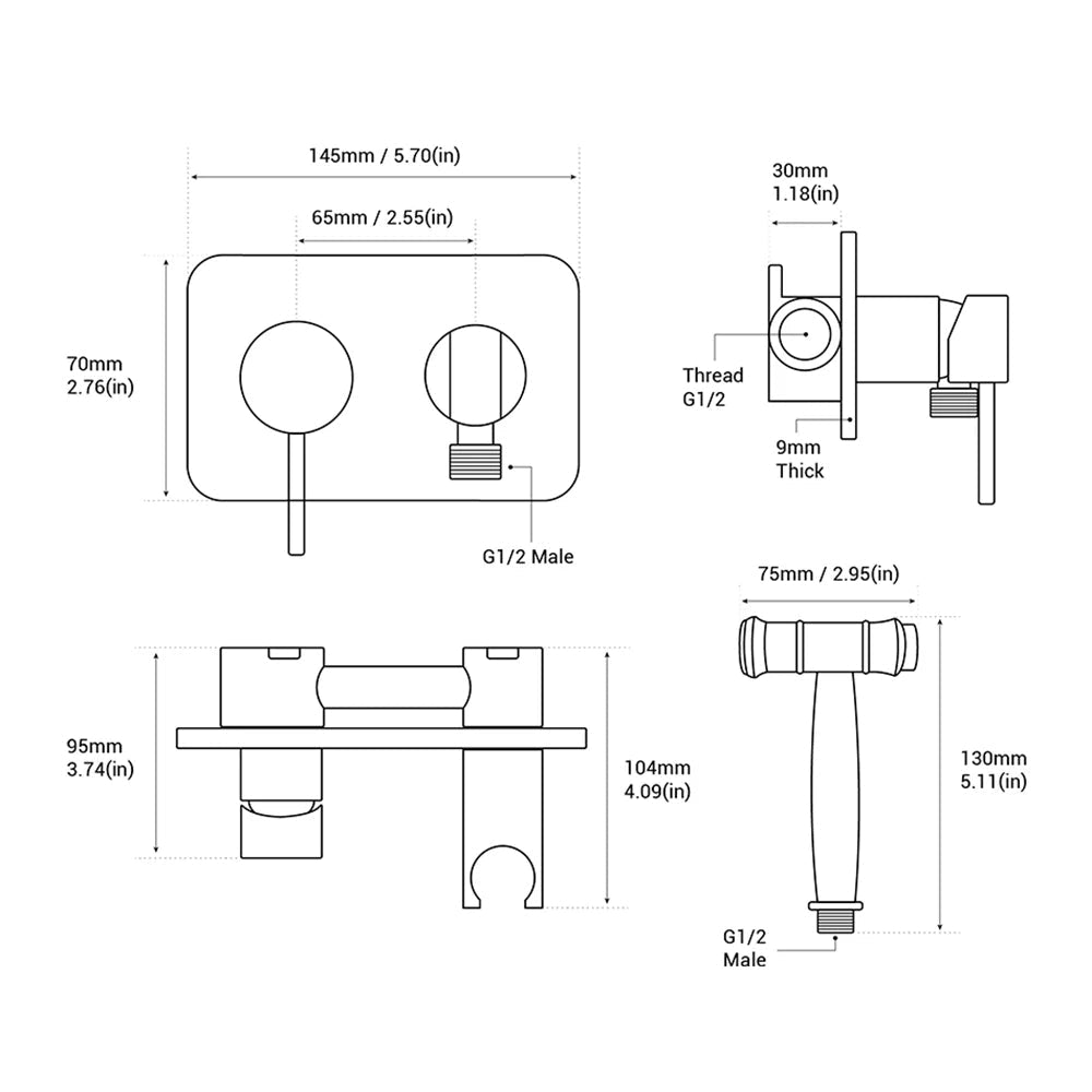 Douchette de bidet manuelle en laiton avec double mode et commutateur eau chaude/eau froide