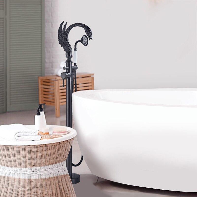 Robinet de baignoire sur pied en laiton en forme de cygne, mitigeur eau chaude et froide