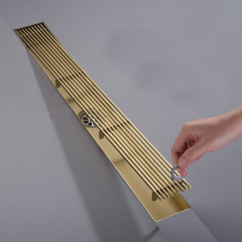 Bonde de sol haut de gamme pour salle de bains en acier inoxydable doré brossé, anti-odeurs